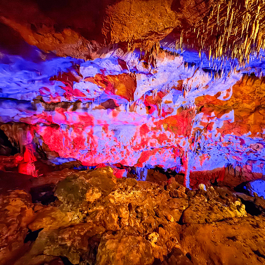 Florida Caverns lit up with brilliant lights for close observation of stalactites