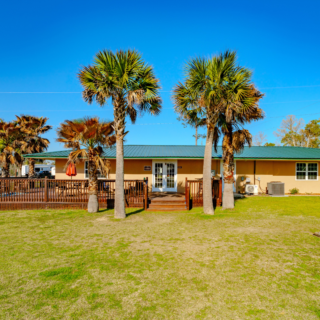 Exterior shot of the clubhouse with palm trees on both sides of the entrance, the sky is bright blue and the day is sunny