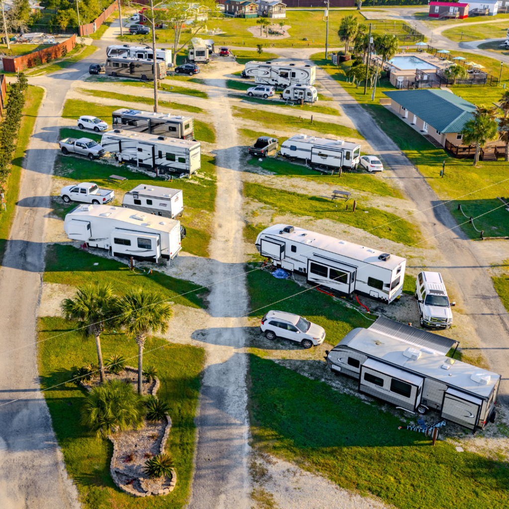 Drone shot of the standard RV sites at Florida Caverns RV Resort